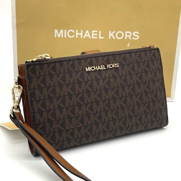 Michael Kors Large Double Zip Wallet Wristlet Brown Signature - Picture 1 of 7